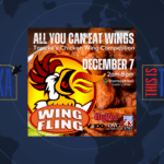 Promotional poster for Wing Fling 2024, Topeka's chicken wing competition, featuring an illustrated chicken logo with event details: December 7, 2 PM-5 PM, at Stormont Vail Event Center.