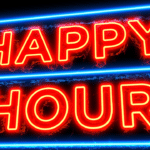 Neon sign reading "Happy Hour" in bold red and blue lights