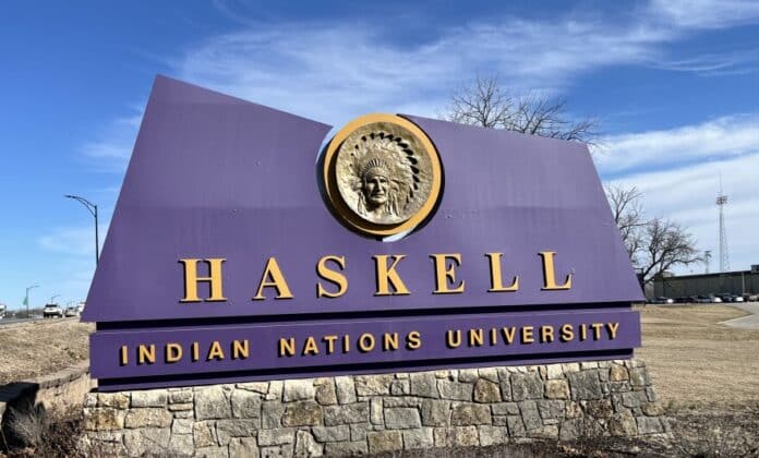 Signage at Haskell Indian Nations University. The Trump administration recently fired about a quarter of the school's workforce.