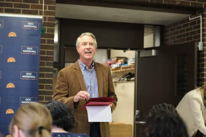 Republican Kansas Sen. Roger Marshall speaks at the Saturday town hall meeting in Oakley, Kansas.