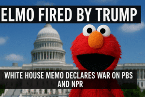 Elmo from Sesame Street stands in front of the U.S. Capitol with a surprised expression. Bold text above him reads 'ELMO FIRED BY TRUMP' and below, 'White House Memo Declares War on PBS and NPR,' referencing recent federal funding cuts to public broadcasting