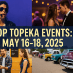 Collage of Topeka weekend events including a Michael Jackson tribute performer, dancing couple at adult prom, people at a food truck festival, and classic cars on display.