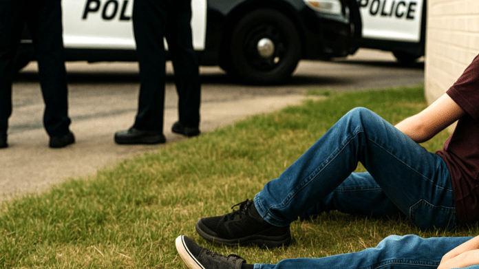 In this low-angle photograph taken outside the QuickShop on 47th and Topeka Boulevard, two young boys sit silently on the grass, leaning against the building’s wall. Their faces are turned away, capturing a moment of vulnerability after reportedly walking for nine hours from North Topeka. In the background, the lower halves of two police officers and their marked patrol vehicles are visible, representing the Topeka Police Department's response to a concerned veteran mother’s 911 call. The image reflects a tense but compassionate moment in a developing custody and welfare situation that sparked community-wide discussion.