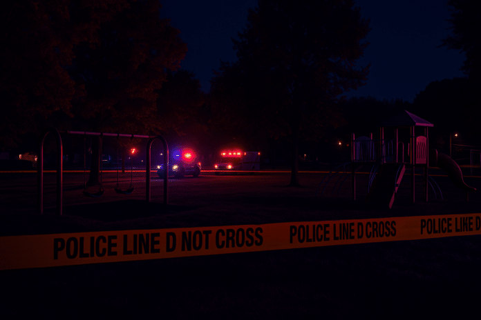 Boswell Park at night with police tape and police lights.