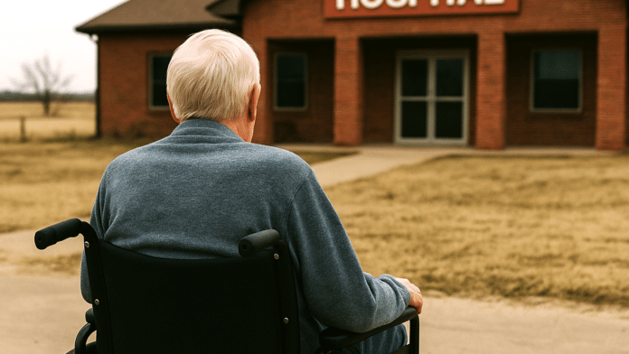 ChatGPT Image May 6, 2025, 04_32_09 AM An elderly man with short white hair sits in a wheelchair facing a small, rural brick hospital building with a large "HOSPITAL" sign above the entrance. The hospital is surrounded by dry grass and open land under an overcast sky, evoking a sense of isolation and vulnerability.