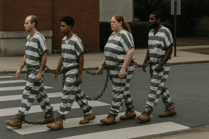 May 1, 2025, 05_17_45 AM Chain gang of inmates in jumpsuits walking across a city crosswalk, resembling the Beatles' Abbey Road album cover.