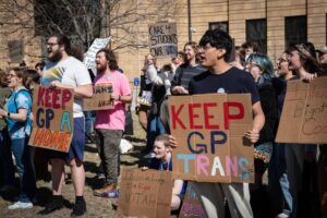 Students at the University of Kansas protested the removal of gender neutral spaces at a dormitory in February of this year.