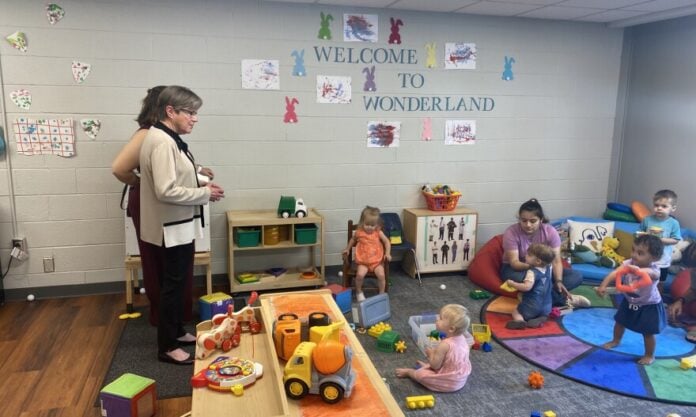 Kansas Gov. Laura Kelly visits a child care center.