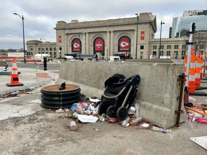 download (10) A stroller and trash are left behind at Union Station on Feb. 15, 2024, after a shooting the day before caused crowds to flee the Kansas City Chiefs victory parade.