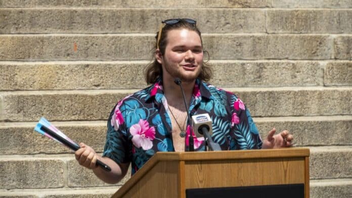 Adam Kellogg speaks during rally in support of transgender rights May 5, 2023, at the Statehouse in Topeka. Kellogg is one of the five transgender Kansans represented by the ACLU that sued to allow the state to change gender markers on IDs. Adam Kellogg speaks during rally in support of transgender rights May 5, 2023, at the Statehouse in Topeka. Kellogg is one of the five transgender Kansans represented by the ACLU that sued to allow the state to change gender markers on IDs.