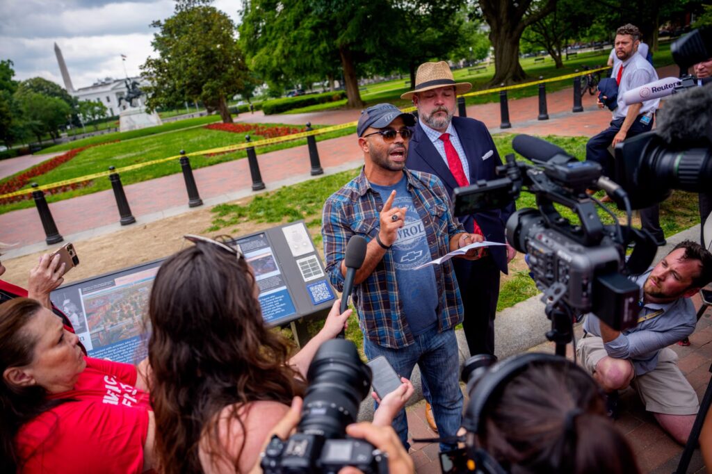 im 53520672 - ‘No Kings’ Protest Set to Bring Bus-loads of Kansans to Topeka in Coordinated National Demonstration 1 Enrique Tarrio, former leader of the Proud Boys, speaking to the media in Washington, D.C
