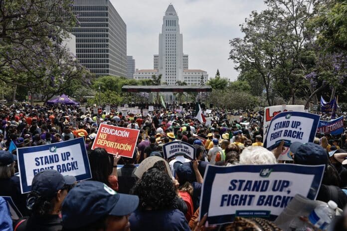 laprotests-2048x1365 Union members and supporters rally in Grand Park calling for the release of union leader David Huerta, who was arrested during an immigration enforcement action on June 9, 2025 in Los Angeles, California. (Photo by Mario Tama/Getty Images)