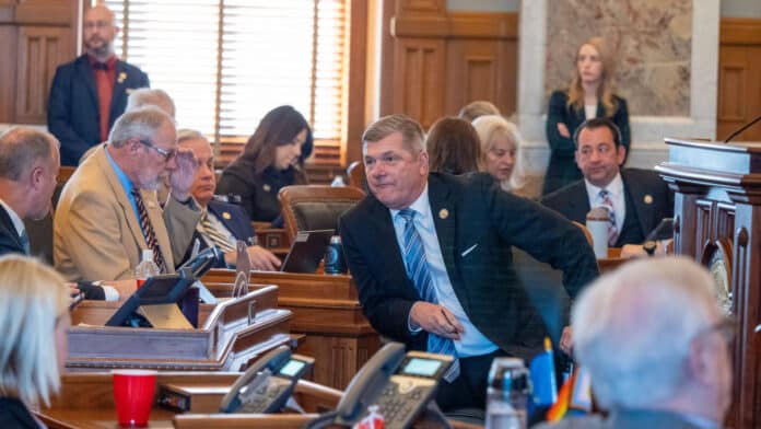 P1281134-2048x1152 House Majority Leader Chris Croft suspended rules to force an emergency vote immediately after the Jan. 28, 2026, House debate on a bathroom bill forcing people to use facilities aligned with their biological sex at birth. The move pushed the bill through immediately instead of waiting one day as is usually required. (Photo by Sherman Smith/Kansas Reflector)