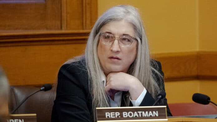 Rep. Abi Boatman, shown here in a committee meeting on March 16, 2026, raised concerns on the House floor that a bill eliminating bond after a guilty verdict for some serious crimes was too broad. (Photo by Sherman Smith/Kansas Reflector)