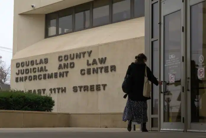 Arguments took place in Douglas County District Court, seen here before a hearing on a challenge to a different law in November