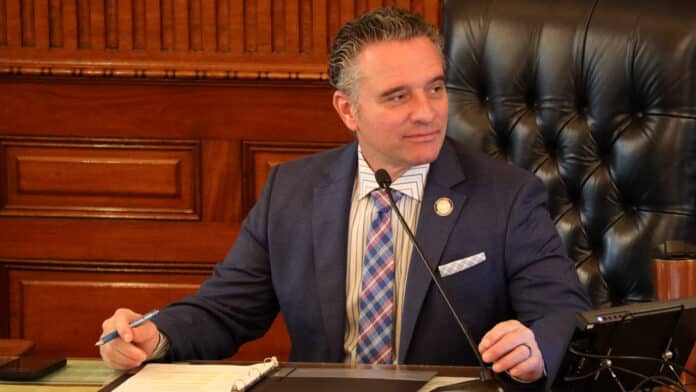 Kansas Senate President Ty Masterson, R-Andover, lands Republican gubernatorial endorsement of President Donald Trump to boost prospects of prevailing in August GOP primary. This image is of Masterson in the Capitol on March 26, 2025 (Photo by Grace Hills/Kansas Reflector)