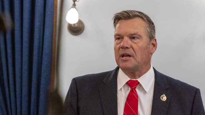 Kansas Attorney General Kris Kobach speaks at a June 17, 2024, news conference at the Statehouse in Topeka. On Tuesday, he called on Gov. Laura Kelly to preserve death penalty sentences for nine Kansas inmates. (Photo by Sherman Smith/Kansas Reflector)