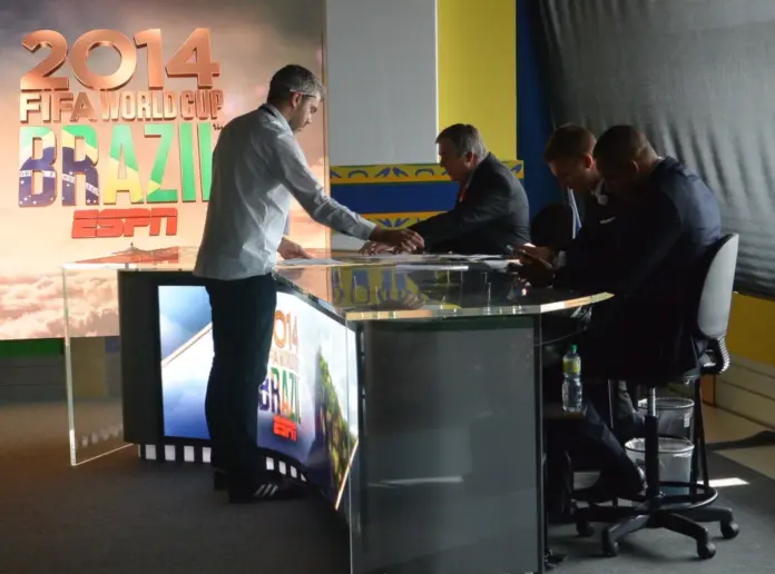 Photo courtesy of Paul Carr Carr provides research tidbits to hosts during ESPN's 2014 FIFA World Cup coverage in Brazil.