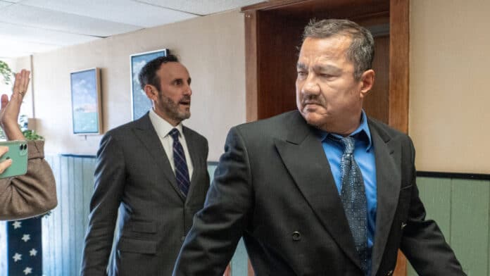 Cody2-E-2048x1152 Former Marion Police Chief Gideon Cody enters the Marion County Courthouse on Oct. 7, 2024, with attorney Sal Intagliata for his first appearance in a low-level felony case. (Photo by Anna Kaminski/Kansas Reflector)