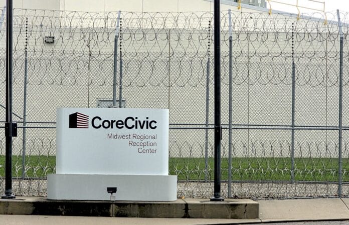 CoreCivic sold its newly reopened Leavenworth prison facility, the Midwest Regional Reception Center, to the U.S. Immigration and Customs Enforcement, the company announced Aug. 5, 2026. (Photo by Morgan Chilson/Kansas Reflector)