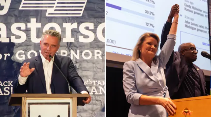 Photos by Roger Nomer of the Kansas News Service and Kylie Graham of the Johnson County Post Masterson and Holscher celebrate their wins on election night.