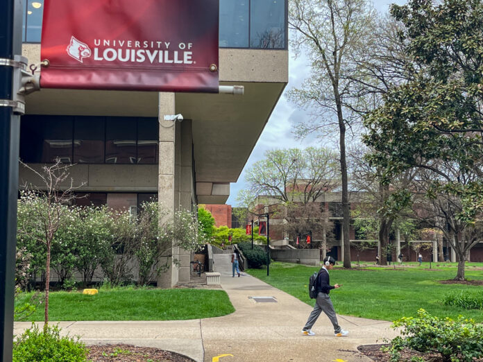 Students walk across the University of Louisville campus. Kentucky is one of 17 states the Trump administration sued to block in-state tuition for students in the country without permanent legal immigration status. (Photo by McKenna Horsley/Kentucky Lantern)