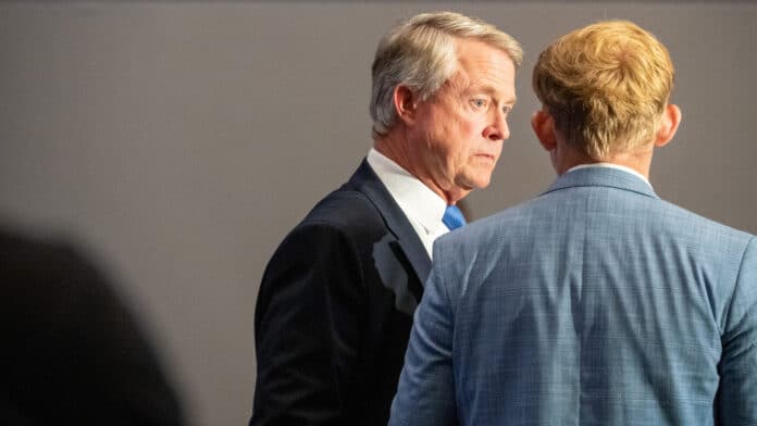 U.S. Sen. Roger Marshall prepares to speak to a group of Kansas business leaders on Aug. 27, 2026, in Olathe. (Photo by Anna Kaminski/Kansas Reflector)