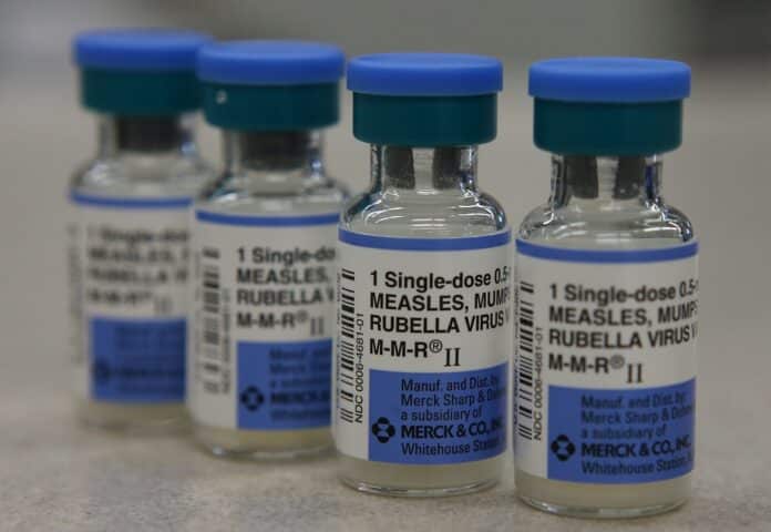Vials of measles, mumps and rubella vaccine are displayed on a counter at a Walgreens Pharmacy on Jan. 26, 2015 in Mill Valley, California. (Illustration by Justin Sullivan/Getty Images)